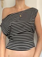 Women's Striped Print Asymmetrical Neck Crop Tee, Y2K Trendy Casual T-shirt for Daily Wear, Ladies Summer Clothes, Tops