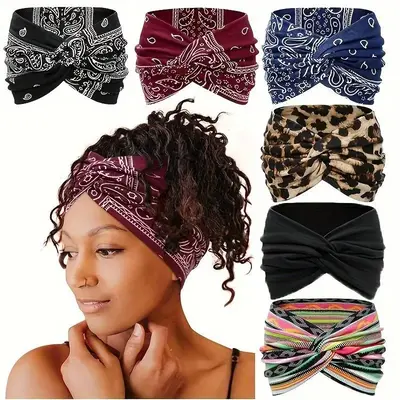 Paisley & Leopard Print Bowknot Design Hair Band, Casual Comfortable Breathable Non-slip Hair Band, High Stretch Sports Headb...