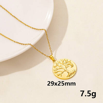Stainless Steel Flat Round with Tree of Life Pendant Necklace