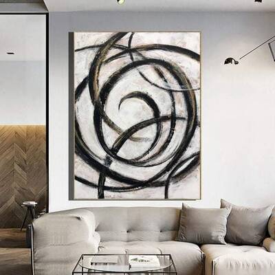 Curved lines minimalist original oil painting on canvas: abstract modern art in black, white, beige, brown for home and offic...