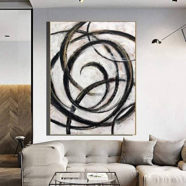 Curved lines minimalist original oil painting on canvas: abstract modern art in black, white, beige, brown for home and offic...