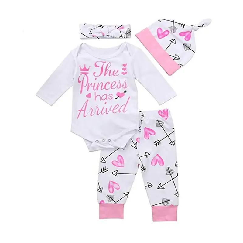 Newborn Baby Girls 4Pcs Outfits The Princess Has Arrived Long Sleeve Romper+Arrow Love Print Long Pants+Hat+Headband