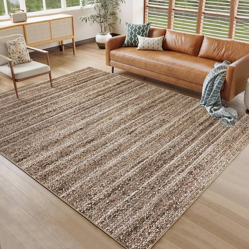 Garvee Modern Brown 8x10 Washable Rug Low Pile Living Room Rug Non Shedding Modern Indoor Rug Soft Bedroom Rug Modern Woven P...