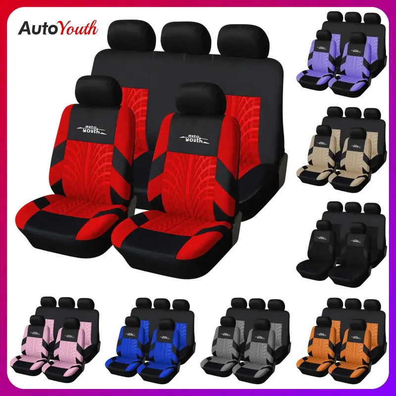 Car Seat Covers for 5 Seats Universal, Fabric Breathable Car Front & Rear Seat Protectors, with Tire Track Details, Airbag Co...