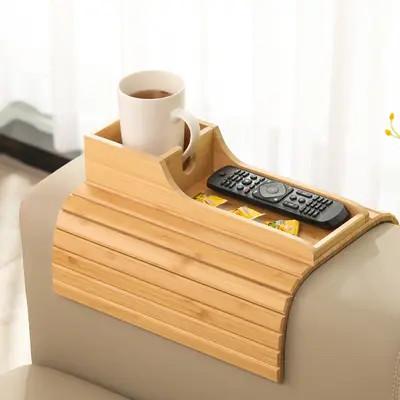 GEHE Bamboo Sofa Arm Table, Couch Cup Holder, Foldable Sofa Arm Tray, Anti-Spill Cup Holder for Couch, Portable Couch Arm Tab...