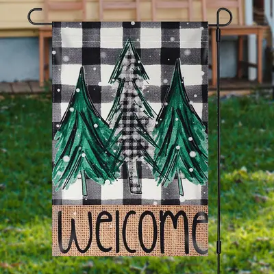Welcome Green Xmas Tree Plaid Christmas Garden Flag - Aperturee