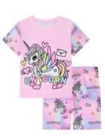 Girl's Unicorn Print Tee & Shorts Loungewear Set, Cute Comfy Round Neck Short Sleeve T-shirt & Shorts   Pj Set, Kids Sleepwea...