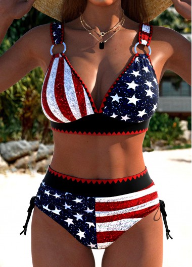 Modlily High Waisted American Flag Print Multi Color Bikini Set - S