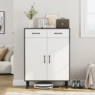 VOWNER Shoe Cabinet with 2 Large Drawers, Freestanding Cabinet with Double-door & Steel Feet, Entrance, Narrow Shoe Cabinet, ...