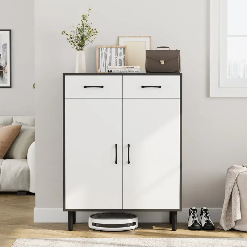 VOWNER Shoe Cabinet with 2 Large Drawers, Freestanding Cabinet with Double-door & Steel Feet, Entrance, Narrow Shoe Cabinet, ...