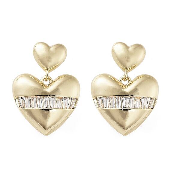 Heart Brass Dangle Stud Earrings with Cubic Zirconia
