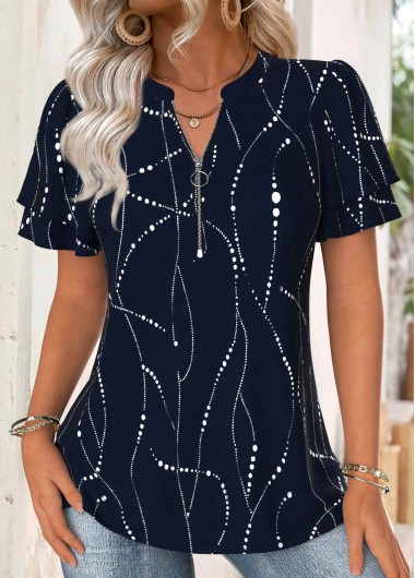Modlily Navy Geometric Print Short Sleeve Split Neck Blouse - XXL