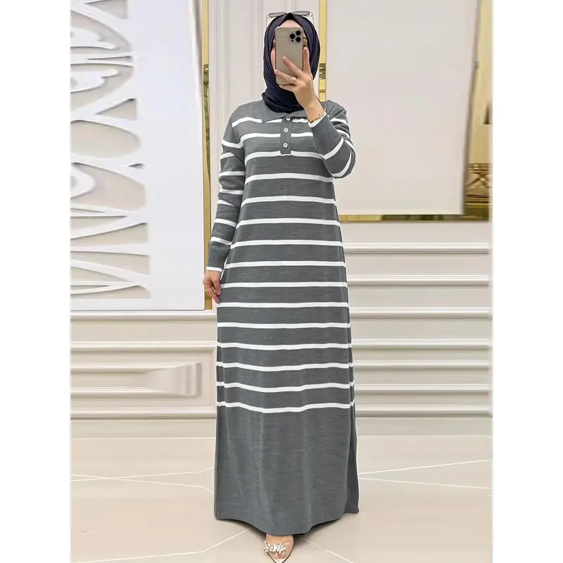 Striped Polyester Knit Tunic Sweater Dress - Lapel Collar, H-Line Contour, Button Detail - Muslim Knitted Dress for Women