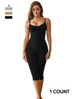 Women's Plain Adjustable Strap Shapewear Capris Jumpsuit, Backless Ruched Shapewear Bodysuit, Body Shapewear, Tummy Tuck Clot...