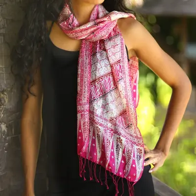 NOVICA Pink Fantasy Silk Batik Scarf