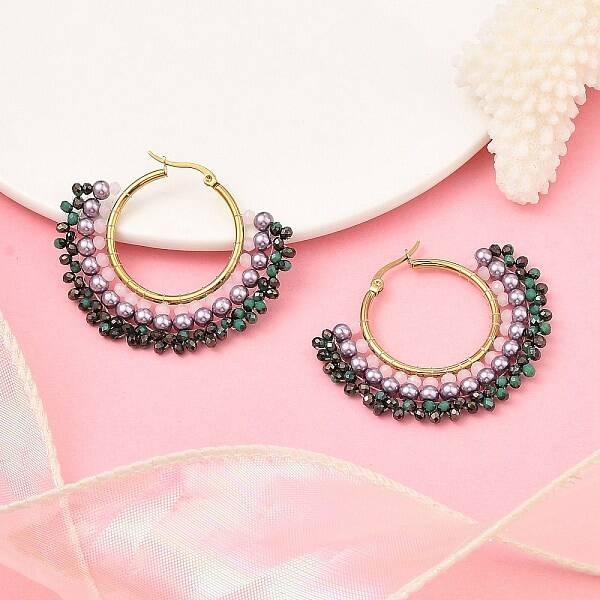 304 Stainless Steel & Bohemian Beaded Fan Hoop Earrings for Women