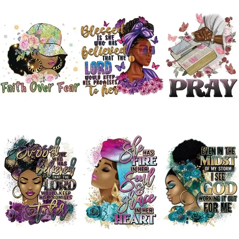 Beautiful Black Girl Pattern Iron On Transfer Heat Press Sticker, 6 Counts/set DIY Heat Transfer Sticker For T-shirt Hoodie ...