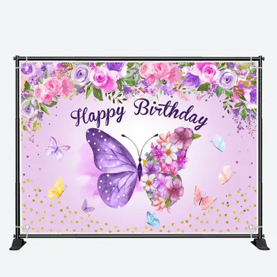 Purple Butterflies Flowers Happy Birthday Backdrop - Aperturee