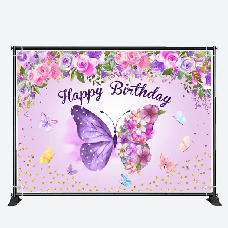 Purple Butterflies Flowers Happy Birthday Backdrop - Aperturee