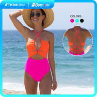 Popvil Color Block Front Cutout One Piece Swimsuit,Adjustable Bandage Design Tummy Control Neon Swimsuit for Vacation,Outdoor...