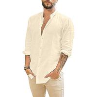JEKAOYI Men's Casual Cotton Linen Long Sleeve Shirts Buttons Down Solid Plain Roll-Up Sleeve Summer Beach Shirts