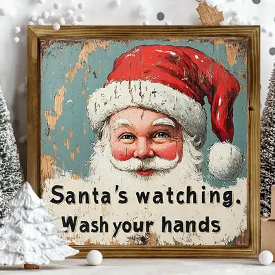 Vintage Santa Claus Pattern Design Wall Art, Christmas Wooden Frame Wall Decor, Wall Hanging Decor for Home Living Room Bedro...