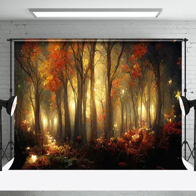 Red Leaves Flowers Forest Painting Autumn Backdrop - Aperturee