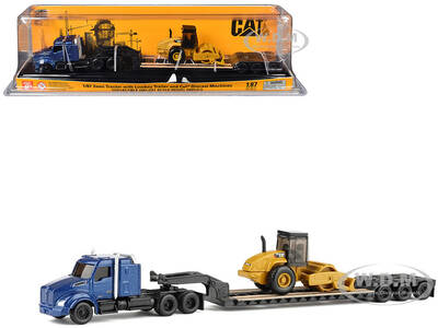 Kenworth T880 Tractor Blue Metallic with Lowboy Trailer and CAT Padfoot Roller Yellow 1/87 (HO) Diecast Model by Diecast Mast...
