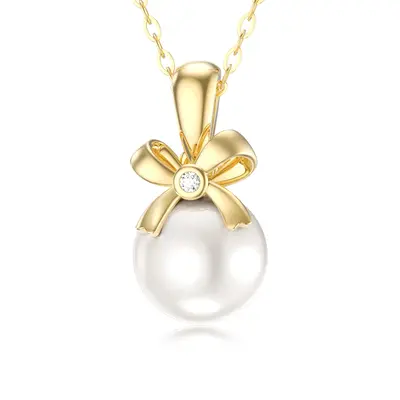 14K Gold Circular Shaped Pearl Bowknot Pendant Necklace