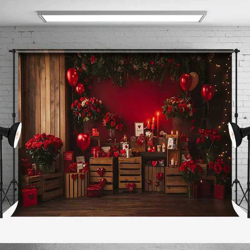 Wooden Room Red Wall Rose Valentines Day Backdrop - Aperturee