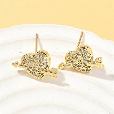 Heart Brass Micro Pave Clear Cubic Zirconia Stud Earrings