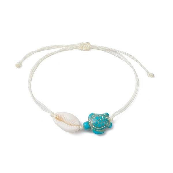 Synthetic Turquoise Turtle & Natural Shell Braided Bead Bracelet