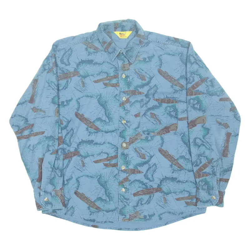 WORK SPORT Mens Flannel Shirt Blue Crazy Pattern Long Sleeve L