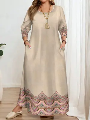 Muslim Women's Loose Round Neck Printed Long Robe, Elegant Islamic Clothing, Comfortable and Stylish, Perfect for Daily Wear