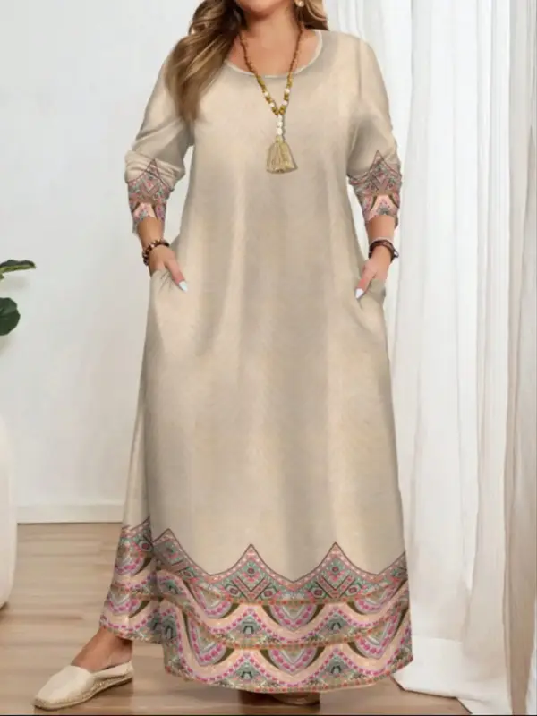 Muslim Women's Loose Round Neck Printed Long Robe, Elegant Islamic Clothing, Comfortable and Stylish, Perfect for Daily Wear