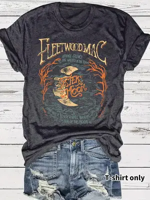 Women's Moon Print Round Neck Tee, Vintage Trendy Casual Short Sleeve T-shirt for Daily Wear, Ladies Summer Outfit, Top, Hall...