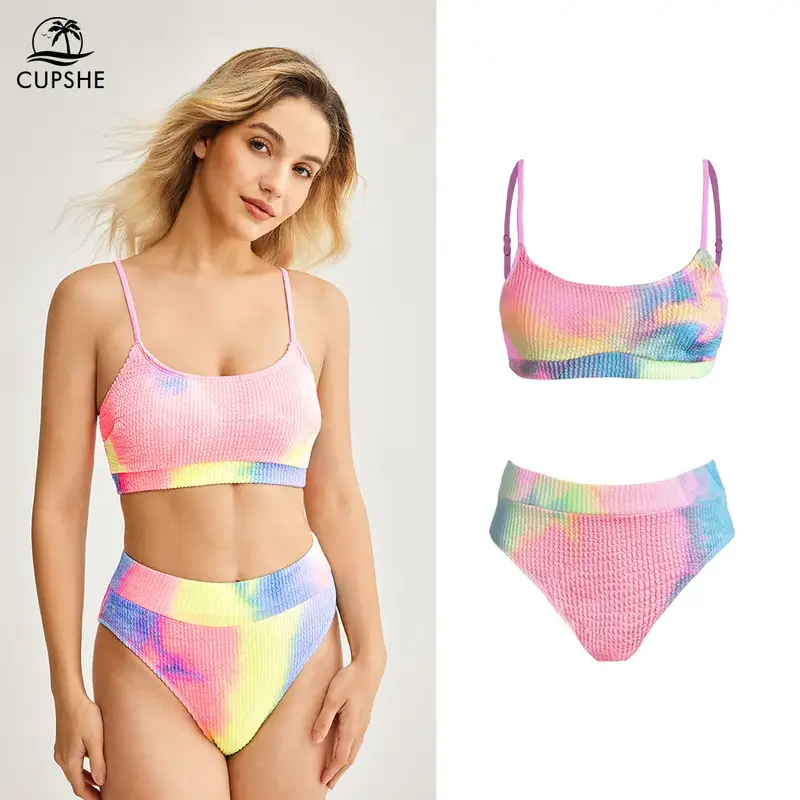 CUPSHE Women's Bikini Set Two Piece Swimsuits Stylish Beachwear High Waisted Scoop Neck Spaghetti Adjustable Straps Textured ...