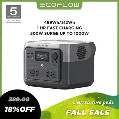 ECOFLOW RIVER 2 Max Portable Power Station, 499Wh / 512Wh, 500W Up to 1000W, LiFePO4 Battery, Solar Panel Optional for Outdoo...