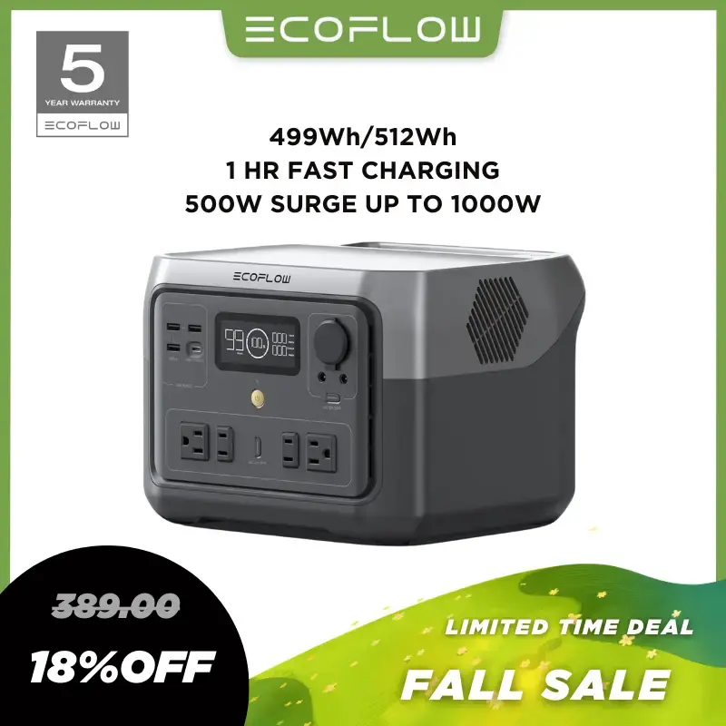 ECOFLOW RIVER 2 Max Portable Power Station, 499Wh / 512Wh, 500W Up to 1000W, LiFePO4 Battery, Solar Panel Optional for Outdoo...