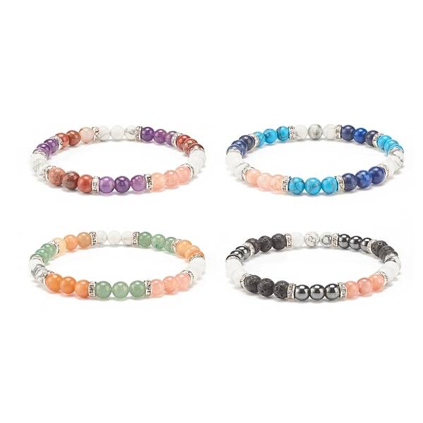 Natural & Synthetic Mixed Gemstone Round Beaded Stretch Bracelet for Women