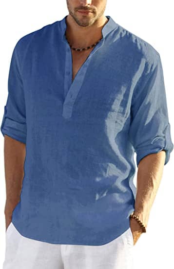 Cotton Linen Style Henley Shirt (US Only), Denim Blue / L
