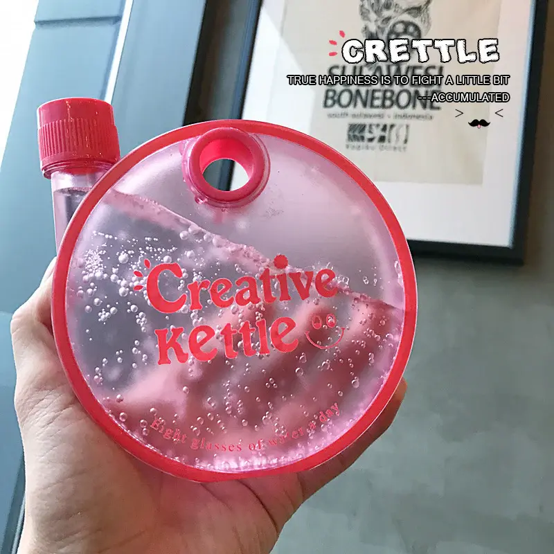 Creative Kettle Water Bottle Creative Round Bottle Drinkware For Outdoor Sport Flat Kettle Plastic Water Bottle Travel | Colo...