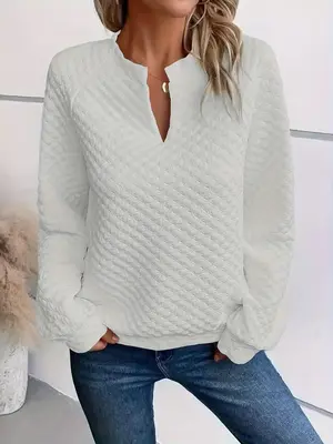 Women's Plain Notched Neck Jacquard Knit Sweatshirt, Casual Raglan Sleeve Pullover for Fall & Winter, Women's Clothes for Dai...