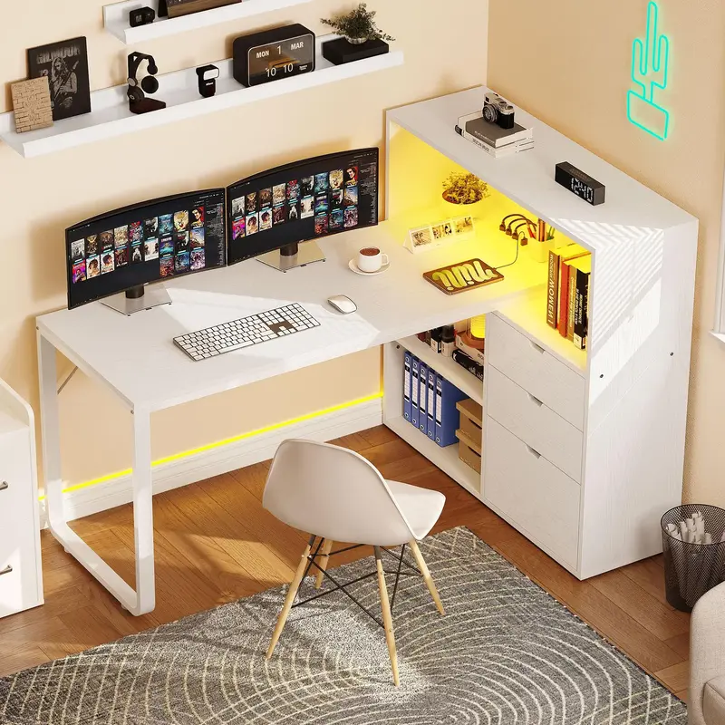 DWVO L Shaped Desk with Power Outlets & LED Lights & File Cabinet, 55\