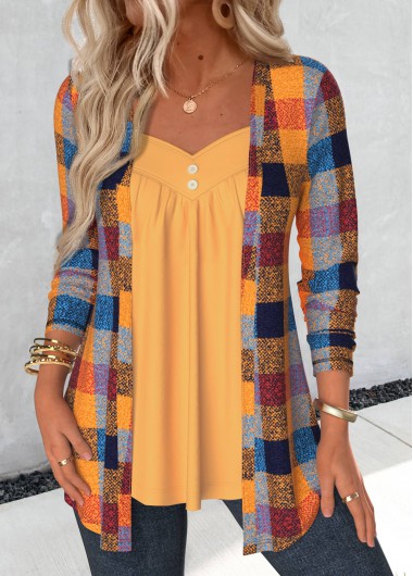 Modlily Ginger Plaid Long Sleeve Fake Two Piece Twinset - M