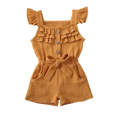 LAGKIYOJ Toddlers Baby Girls Flying Sleeve Jumpsuit Romper, Sleeveless Button Down Solid Color Elastic Jumpsuit