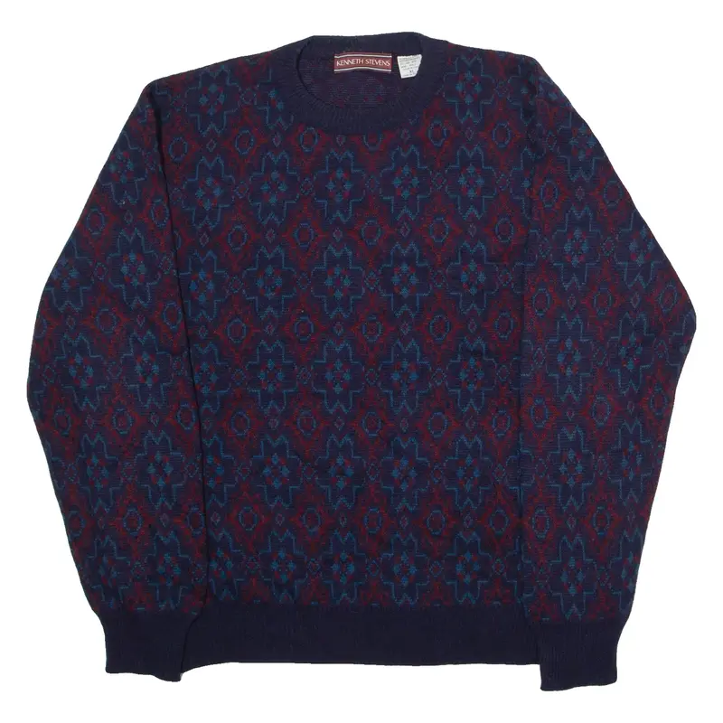 Vintage KENNETH STEVENS Mens Patterned Jumper Blue Geometric Crew Neck 90s Tight Knit Wool XL