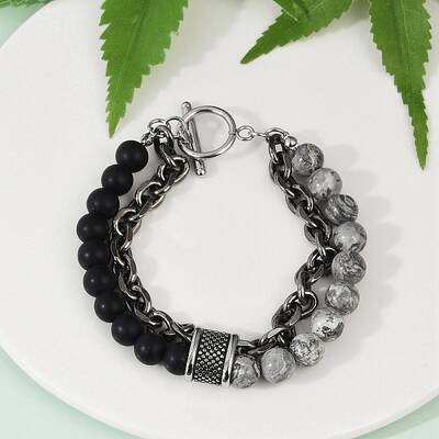 Natural Round Picasso Stone & Frosted Black Bead Bracelets