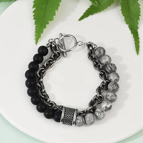 Natural Round Picasso Stone & Frosted Black Bead Bracelets