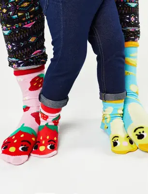 STRAWBERRY & BANANA MATCHY MISMATCHY SOCKS SET | 2nd Pair: ADULT SMALL | 1st Pair: ADULT SMALL